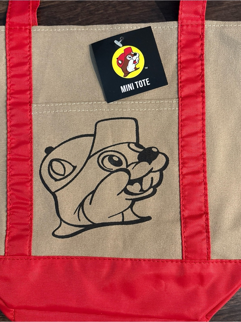 Buc-ee's Mini Tote in Tan with Red Trim